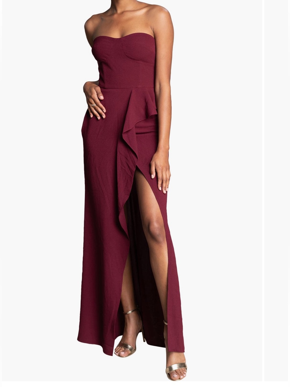 Dress the Population Strapless Ruffle Maxi Dress in Burgundy